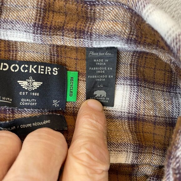 Dockers Mens Shirt L Plaid Long Sleeve Brown & White Checkered  Recycled - Picture 6 of 8